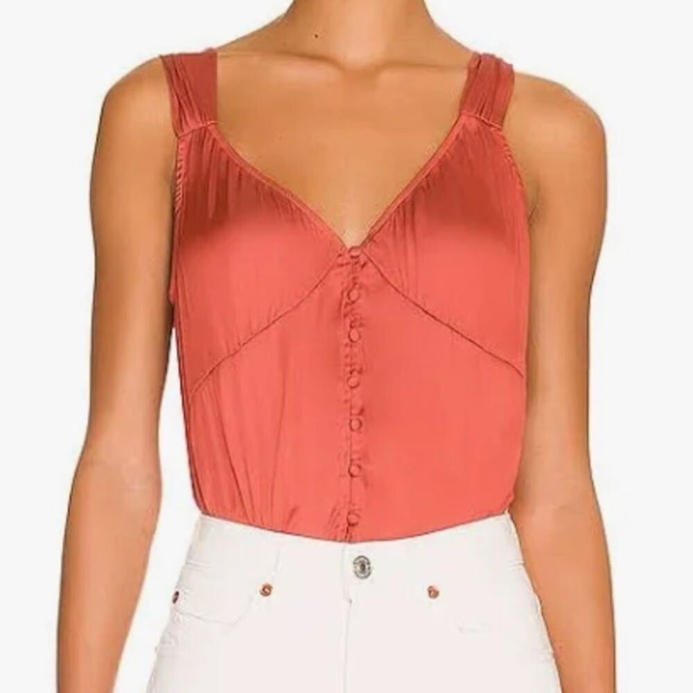 NWOT Paige Kessley Muted Clay Satin V-Neck Button Front Thong Bodysuit Size Med - Picture 10 of 16